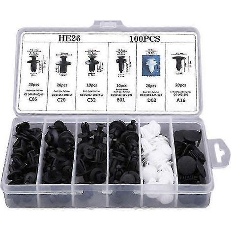 Coffret de 100 fixations automobiles : clips de fixation pour pare-chocs, rivets et attaches. Accessoires auto. (1/4)