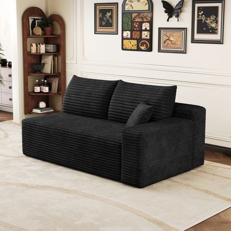 Sofá de 2 plazas, relleno de espuma elástica, tejido de corduroy rayado, color negro (1/5)