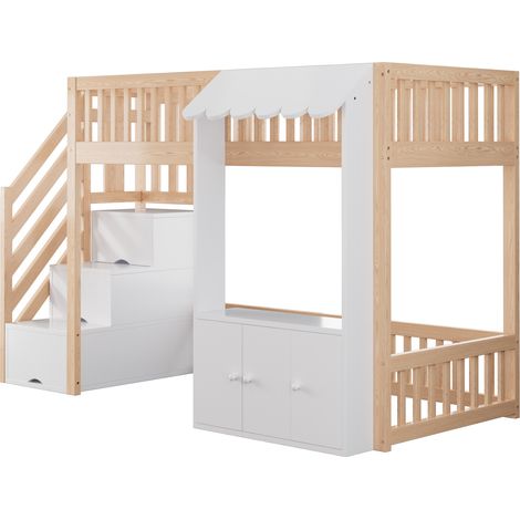 Cama alta de madera 90 x 200 cm con almacenaje, escalera y LED multicolor (1/5)
