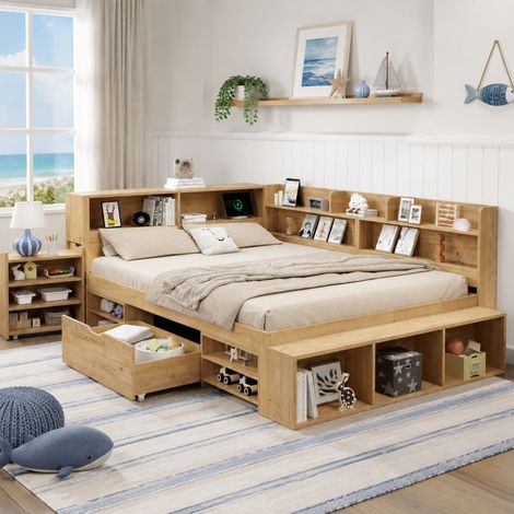 Letto per bambini 254x159.5x91 cm, multifunzionale con contenitori, cassetti e scaffali, compensato naturale (1/5)
