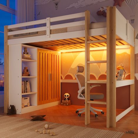Seyakany Lit mezzanine avec éclairage LED, armoire,Lit superposé avec étagère et bureau,cadre de lit en Pin,sans matelas(blanc et naturel,140x200cm)