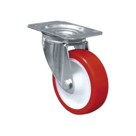 Rueda de poliuretano y placa giratoria con cojinete liso para pesos de hasta 150 kg en varios diámetros Ø125mm x 35mm Placa 105 x 80mm Taladro 9mm Alto 155mm 200kg