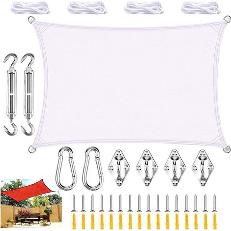 Wasserdichtes Sonnensegel, rechteckiges Sonnensegel aus Polyester, winddicht und UV-beständig, Terrassenmarkise, Außenmarkise für Garten, Terrasse, Schwimmbad (weiß, 2 x 3 m)