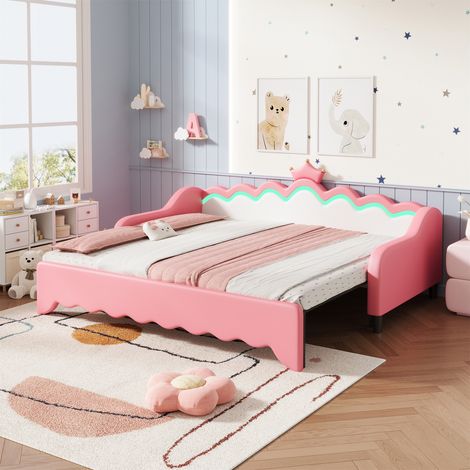 Cream White & Pink 3ft Single Daybed with LED Crown Headboard - Pull-Out Trundle Sofa Bed Frame, PU Leather, Solid Wood Slats for Living Room/Bedroom/Study (No Mattress) (1/5)