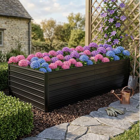Jardín elevado de acero de 219x112x64 cm, fondo abierto, estructura estable, negro, para jardín y terraza (1/5)