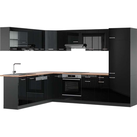 Cocina esquinera R-Line, Negro/antracita de alto brillo, 227 x 287 cm , ET Roble, Vicco