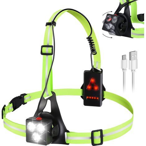 Longziming – Lampe frontale USB rechargeable 500 lumens – Angle réglable 120° – Bandes réfléchissantes pour jogging et randonnée – 3 modes d'éclairage (1/5)