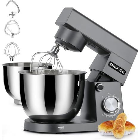 Pastry Processor, 1500 W Pastry Processor, with 4.5 and 5.5 L Stainless Steel Bowl, 10+P Speed, with Mixer Hook, Kneading Hook, Whisk and Splash Protection (Grey) (1/5)