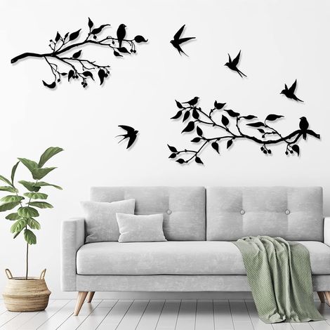 Métal Art Décoration Murale,Silhouette d'oiseaux sur branche,Feuilles noires avec oiseau,Sculpture murale d'extérieur en métal pour maison, balcon, jardin (1/5)