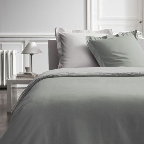 Parure de lit 3 pièces 260x240 cm percale bicolore sauge et beige