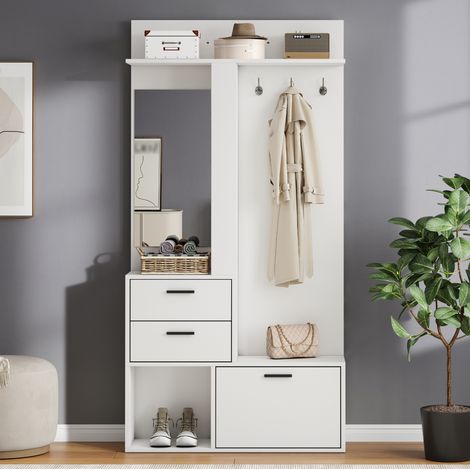 CHICFURN Guardaroba ingresso 90x30x180 cm in MDF bianco con specchio, 2 cassetti, 3 ganci (1/5)