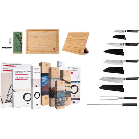 Set de Couteaux de Cuisine 9 Pièces Acier Inox 440C Martelé et Ébène avec Accessoires - PANGIVO (1/5)