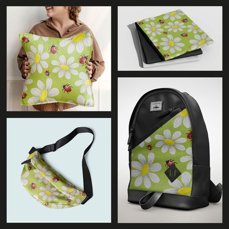 Outdoor dekostoffe oxford - Motiv Gänseblümchen und Marienkäfer auf grünem (1/5)