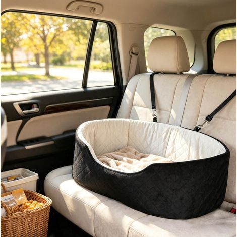 Seggiolino auto per cani 77x43x28 cm in tessuto nero con fissaggio sicuro FloraGrace (1/5)
