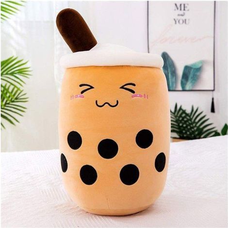 ®RisingFF Kuscheliges Plüschkissen (braunes Lächeln, M 35 cm), kreatives Bubble-Milch-Design