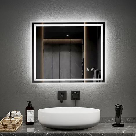 EMKE LED Badspiegel mit Anti Fog 50x60cm Kaltweiß Dimmbar Touch Steuerung mit Doppel Satinierter Rand