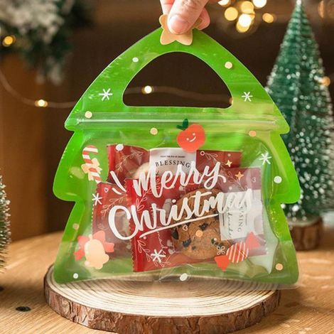 Sac Cadeau - Forme Arbre De Noël - Imprimé Festif - Pour Bonbons Et Gourmandises - Idéal Pour Fêtes De Fin D'Année - Lot De 10 Pièces