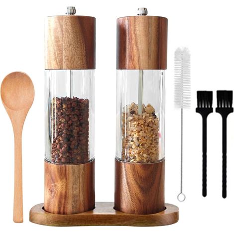 Broyeur Épices Céramique Manuel pour Cuisiniers Maison, Graines Fenouil Moudre, Moulin Sel Mer et Poivre Bois Ajustable avec Fenêtre Acrylique Transparent, Base, Brosses Nettoyage, Cuillère (1/5)