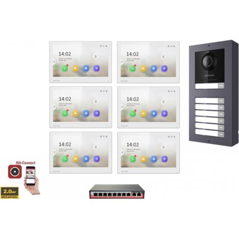 KIT Videocitofono IP Poe Hikvision 6 appartamenti Monitor 7 pollici Bianco WIFI smart telecamera 2 mpx