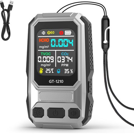 5-in-1 Luftqualitätstester: Misst Kohlendioxid, HCHO, TVOCs, Temperatur und Luftfeuchtigkeit, wiederaufladbar, akustische und optische Warnsignale, großes hintergrundbeleuchtetes Display, tragbar für (1/5)