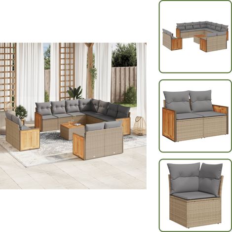12-tlg. Garten-Sofagarnitur mit Kissen Beige Poly Rattan - Gartenmöbel Set - Rattan Möbel - Outdoor Lounge - Esstisch - Sofasatz (1/5)