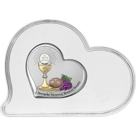Souvenir della Prima Comunione con iscrizione su pannello bianco.  Dimensioni: 16,1x12 cm  Codice articolo: BC6755SF/1SCOL