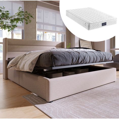 Letto contenitore imbottito 140x200 cm in lino beige con testiera e materasso – MEUBLIV (1/5)