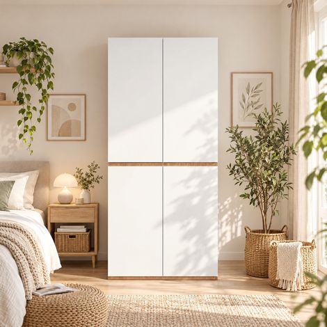 Armoire de chambre penderie, dressing avec tiroir à bijoux, 4 portes 3 tiroirs et tringle, style moderne, pour chambre et entrée, blanc et couleur chêne (1/5)