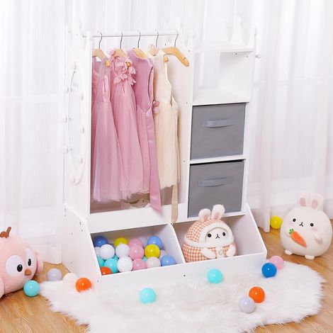 Portant à Vêtements Enfant avec Miroir LED, Penderie Montessori Blanc avec 4 Étagères et 3 Niches de Rangement (1/5)