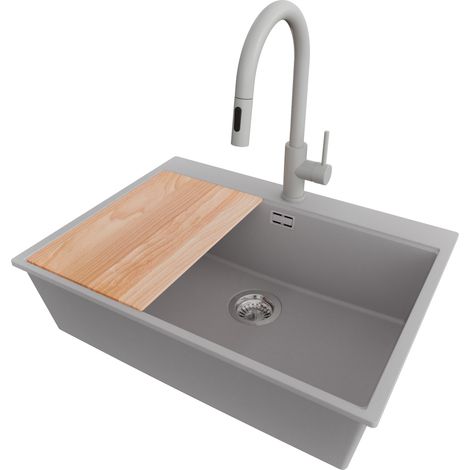 PRIMAGRAN Evier Cuisine en Granit 68x50cm,Lavabo 1 bac + Robinet 40x20cm + Kit de Vidage + Planche à Découper, Évier à Encastrer au meuble 70cm - Oslo, Gris (1/5)