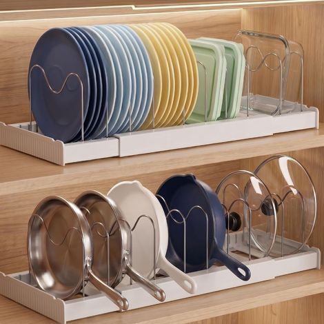 Set of 2 Expandable Kitchen Pot Drawer Storage 32-57 cm Stainless Steel Pan and Saucepan Rack with 10 Adjustable Dividers, Kitchen Organizer for Lids, Pans and Dishes (1/5)