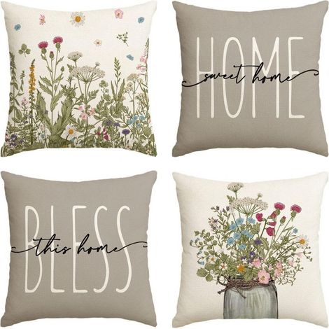 Housse de Coussin 45x45 Automne Printemps Housse Coussin Salon de Jardin Exterieur Vertes Plante Florale Lin Taie d'oreiller Decoratif pour Canapé Maison Salon Chambre Ferme Décoration Lot de 4 (1/4)