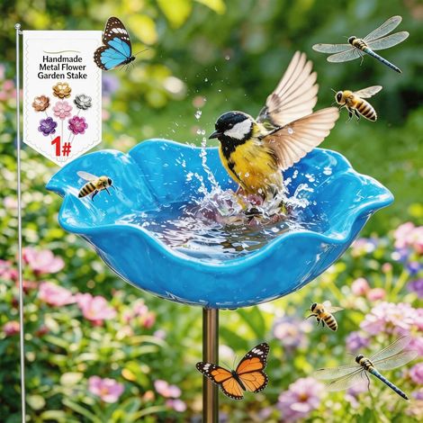 Vogelbad aus Metall mit Blumen, handgefertigte Gartenspitzen, winterfestes Vogelbad und Insektenfutterhaus, Vogelbad für Garten und Terrasse, 1 Stück (BT)