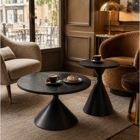 Lot de 2 tables basses rondes noires, Ø70 x H40 cm et Ø50 x H50 cm, plateau MDF aspect bois noir, piètement métal, table d'appoint salon ou chambre  CHICFURN (1/5)