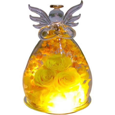 Roses éternelles sous cloche en verre, fleurs stabilisées à poser, cadeau de Noël pour maman, grand-mère, épouse, jaune (1/5)
