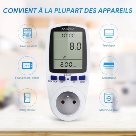 Prise compteur d'énergie 3680W MAX – Mesure tension, courant, puissance – 7 modes – Écran LCD rétroéclairé – Lot de 2 (1/5)