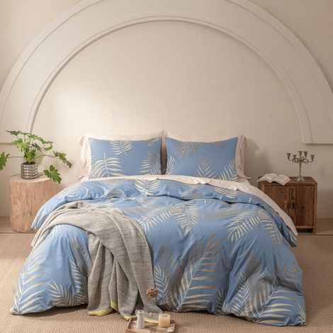 Bettwäsche 155x220cm Blau Gold Blätter Wendebettwäsche Mikrofaser mit Reißverschluss