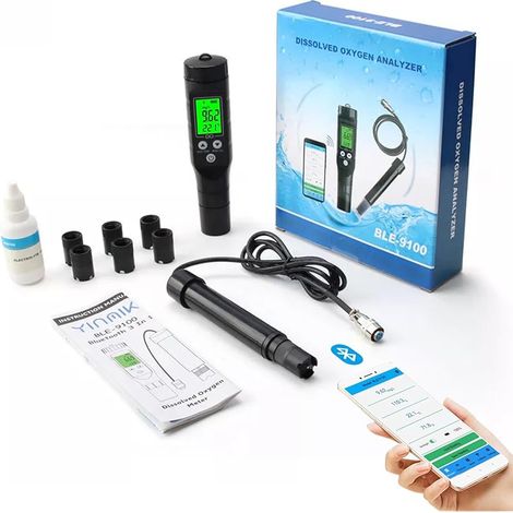 Détecteur d'oxygène Bluetooth pour l'eau Détecteur d'oxygène dissous pour l'eau Applicable aux bassins à poissons Aquarium Aquaculture BLE-9100 (comprend une poudre électrolytique)