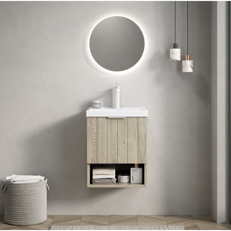 Mobile lavabo sospeso in ceramica e multistrato bianco/off white 42 cm con 2 ante e ripiano aperto (1/5)