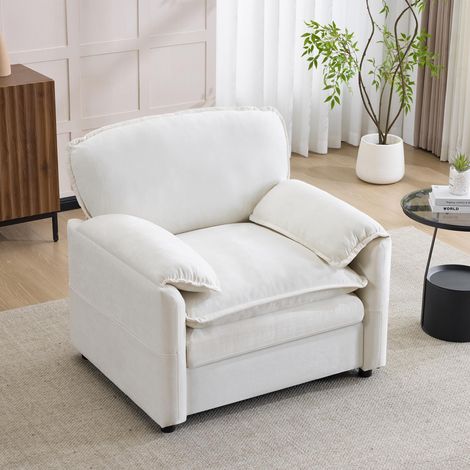 Ce fauteuil blanc de style rétro, d'une grande simplicité, est doté de deux poches de rangement latérales, ce qui le rend idéal pour les petits salons, les balcons, les bureaux, (1/5)