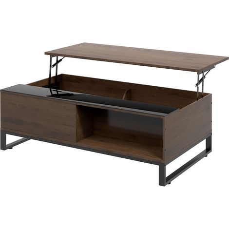 Table d'appoint avec mécanisme de levage, compartiment de rangement dissimulé, aspect noyer, structure en acier, 102 x 58 x 35,5 cm (1/5)