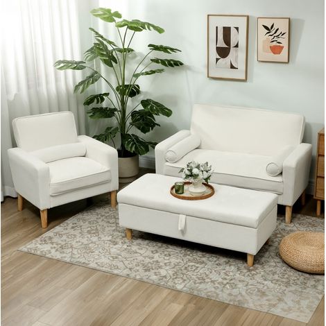 Canapé 2 places 130x74.5x82 cm blanc crème en polyester avec pieds en bois d'hévéa (1/5)