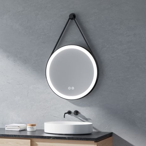 Miroir LED Rond Heilmetz 50 cm pour Salle de Bain – 3 Couleurs de lumière à Variable, Étanche IP44, Commande Tactile, Cadre Métal Noir + Sangle Cuir (1/5)