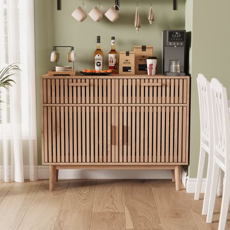 JOOKGBD-Rattan Sideboard 100x35x80 cm, Kommode mit 2 Schubladen und 2 Türen, Küchenschrank mit Aufbewahrungsfächern, Buffetschrank für Wohnzimmer Esszimmer Küche Flur, Holzfarbe (1/5)