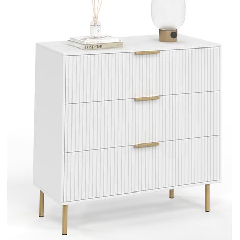 Idmarket – Commode 3 tiroirs 80 cm – Lattes blanches et dorées – Dimensions 80x40x80 cm – Pieds en métal doré 14 cm (1/5)