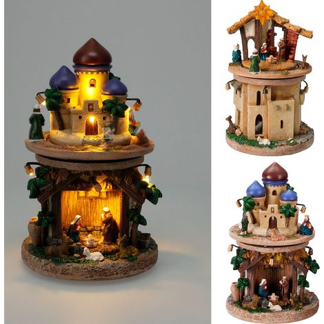 Escena portal de belén, led cálida, a pilas, modelos variados, 23 cm