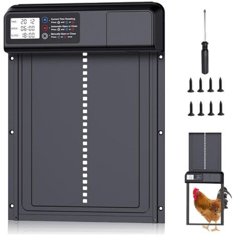 Porte Automatique Poulailler,Porte Poulailler Fonctionne à Piles,Porte Automatique Poulailler en Aluminium avec Minuterie,Alliage d'aluminium,Écran LCD Étanche,Fonction Anti-pincement (1/5)