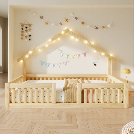 Etagenbett 90x200 cm in legno con protezione anticaduta e luci LED, design casetta naturale (1/5)