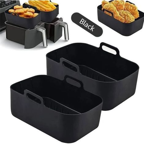 Teglia in silicone per friggitrice ad aria, cestello interno a doppio strato con manico, teglia da forno, 2 scomparti neri. (1/3)