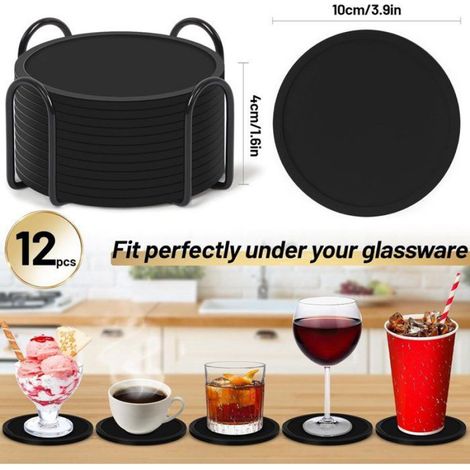 Sous-verres ronds antidérapants résistants à la chaleur, couleur noire, pour tasses et verres, avec support (1/4)